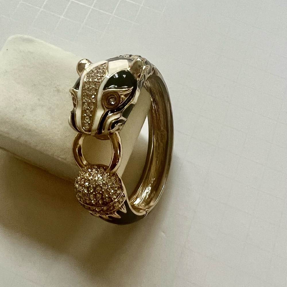 Panther Hinged Bracelet Rhinestones Enamel Gold